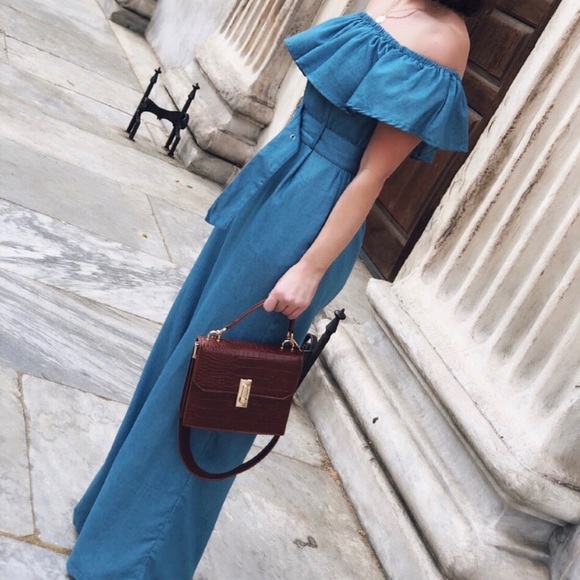 Pants - Jumpsuit Ruffle Off the Shoulder Cove Chambray
